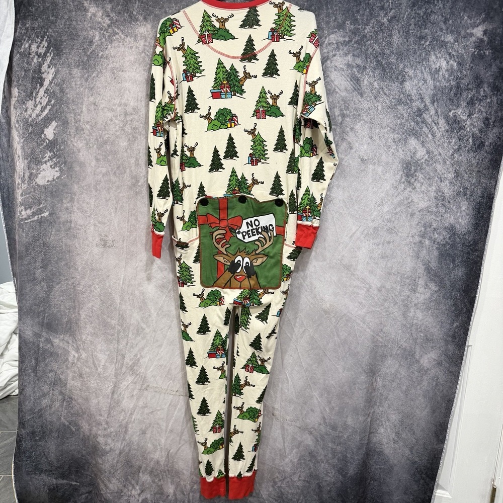 Lazy One Cream Christmas Tree Reindeer One-Piece Pajamas with Red Trim